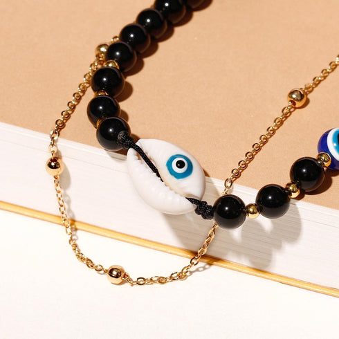 Summer Beach Shell Anklet Jewelry Protection Evil Eye Beaded Natural Obsidian Ankle Bracelets for Women Layered 14k Gold Plated Foot Chain 6mm...