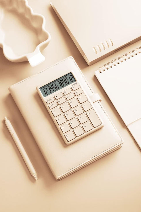 UNIONE Pocket & Desktop Beige Calculator with a Bright LCD, Dual Power Handheld Desktop. Color. Business, Office, High School...