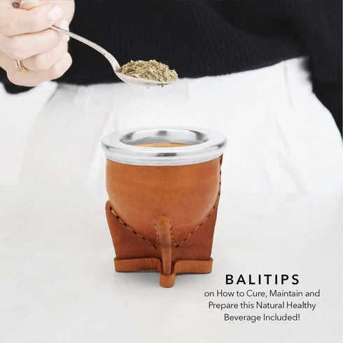 BALIBETOV Leather Wrapped Handmade Yerba Mate Gourd (Mate cup) with Bombilla (Yerba Mate straw) (Natural)...
