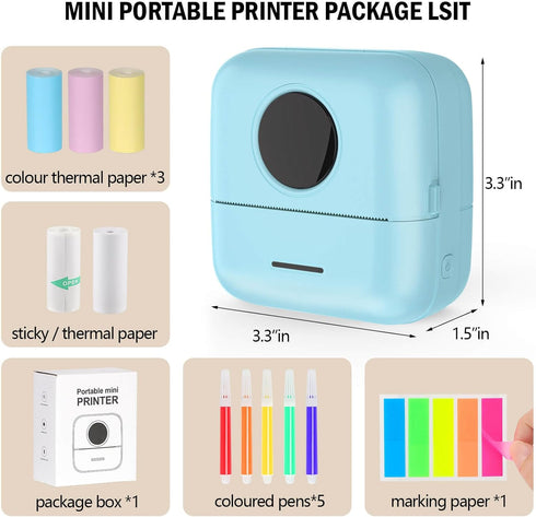 Mini Sticker Printer Inkless Thermal Sticker Maker Machine, Bluetooth Mini Pocket Printer with 5 Thermal Paper for Photo Journal Notes Study Home ...