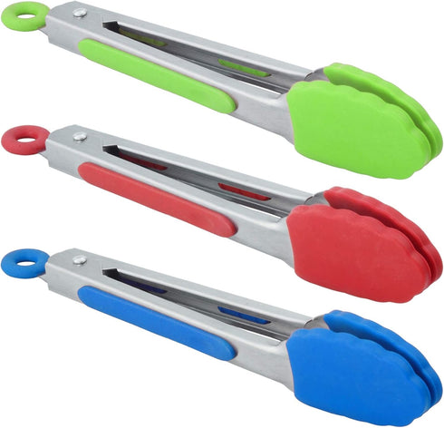 Small Tongs with Silicone Tips 7-Inch Mini Serving Tongs, Set of 3 (Red Blue Green)...