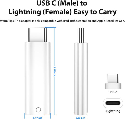 USB-C to Pencil Adapter Compatible with Apple Pencil 1st Generation USB-C to for Lightning Connector Charging Adapter for iPad 10th Gen Bluetooth ...