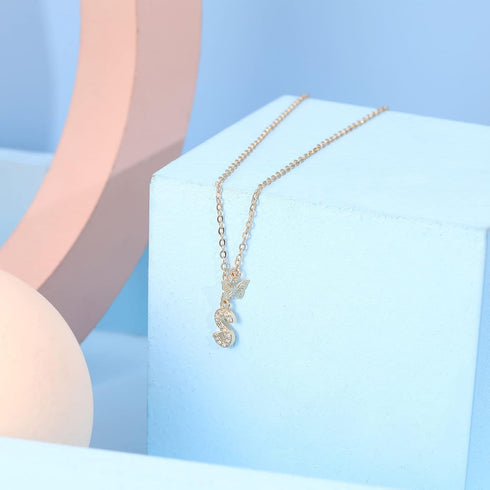 MJartoria Dainty Initial Necklace Butterfly Pendant Necklace, 14K Gold Plated Cubic Zirconia Letter Dainty Necklaces Jewelry Birthday Gifts for Wo...
