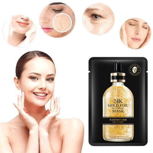 24K Gold Foil Hyaluronic Mask, 10 Pack Gold Foil Essence Face Mask Patches, Gold Hyaluronic Acid Patches, Anti-Aging Moisturizing Hydrating Face S...