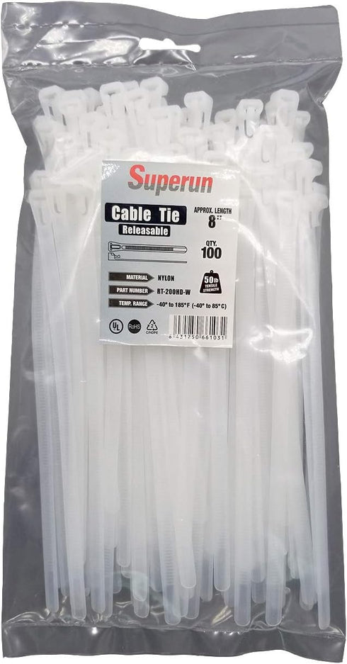 Superun Releasable Zip Ties 8 Inch, 50 Lbs Tensile Strength Wire Ties (Reusable Cable Ties) Pack of 100 White...