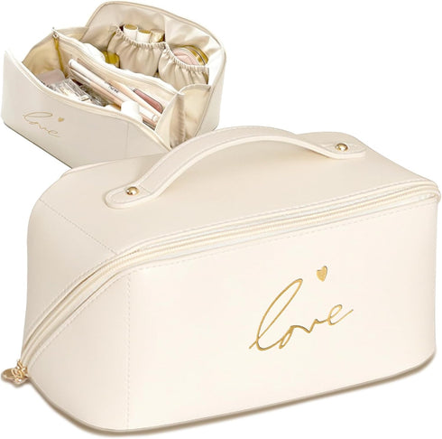Travel Makeup Bag, Cute Love Cosmetic Bags for Women, Large Capacity Waterproof Portable Pouch Open Flat Toiletry Bag Make up Organizer with Divid...