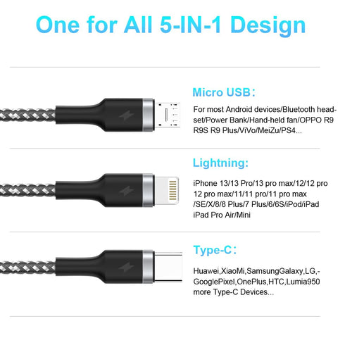 100W USB C Multi Fast Charging Cable, 6FT 6A USB C/A to Multi Charging Cable, 5 in 1 Braided Multi Charging Cable with Type C/Lightning/Micro USB ...