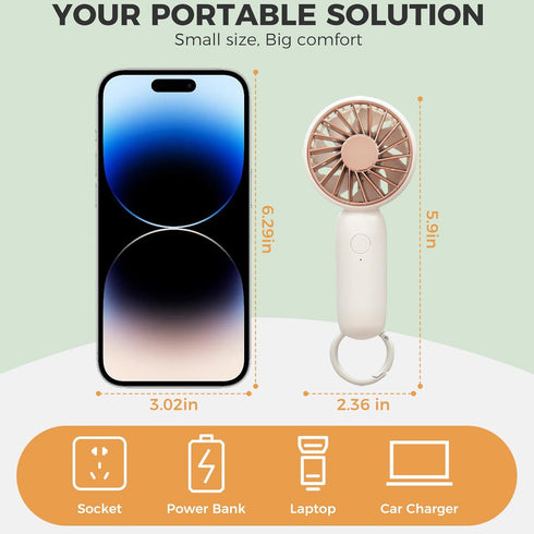 Mini Portable Handheld Fan,Personal Small Fan with hook,3 Speeds Adjustable Powerful USB Rechargeable, Handheld,Desk for Travel,Office,Room,Outdoo...