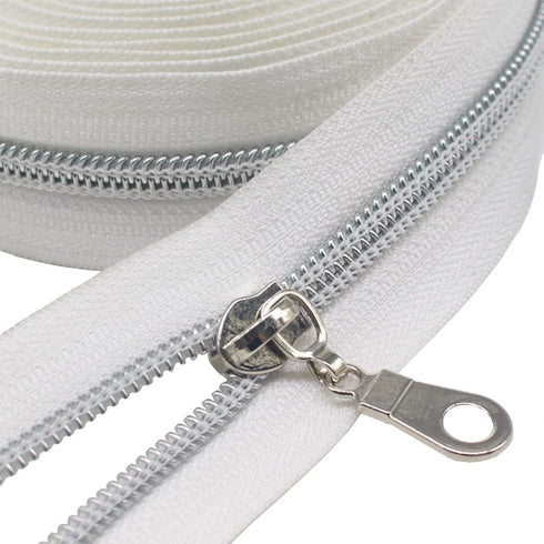 MebuZip #5 Silver Metallic Nylon Coil Zippers by The Yard Bulk Coil Zipper Roll 10 Yards with 25pcs Pulls for DIY Sewing Craft Bags (White)...