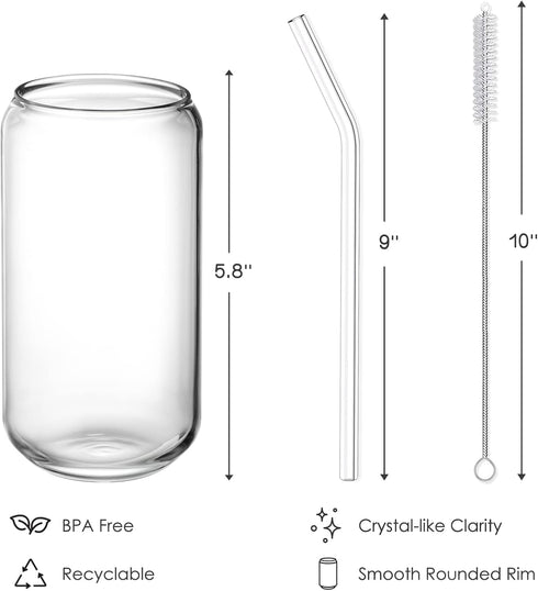 NETANY Drinking Glasses with Glass Straw 4pcs Set - 16oz Can Shaped Glass Cups for Beer, Iced Coffee, Tumbler Cup for Whiskey, Soda, Tea, Water, G...