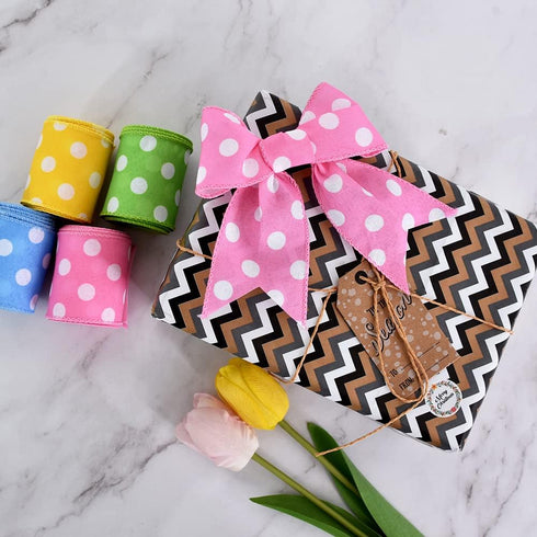 TONIFUL 2.5 Inch Wired Edge Ribbon, Baby Pink Polka Dots Burlap Ribbon, Summer Spring Wired Ribbon, for Gift Wrapping, Wreath Bows Making, Crafts ...
