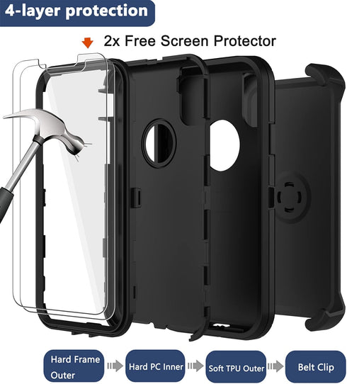 for iPhone X Case, iPhone Xs Case with Belt Clip Holster, 2X Screen Protector, Military Grade Shockproof Heavy Duty Full Body Drop-Proof Rugged Pr...