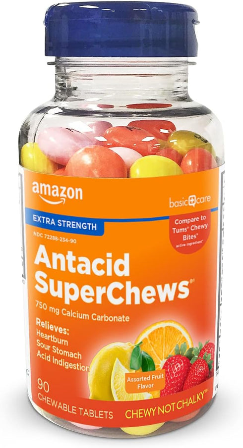 Amazon Basic Care Extra Strength Antacid SuperChews Chewable Tablets, Assorted Fruit, 90 count (Previously SoundHealth) Orange, Pink, Yellow...