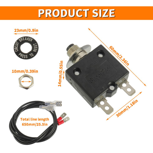 Push Button Circuit Breaker 3 Amp, Fuse Tester Manual Reset 32V, Low Voltage Protection, with 18 AWG wires?Hex Nut?Grip Nut Ring...