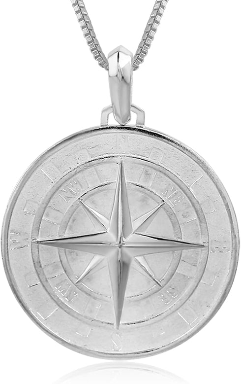 Hawaiian Silver Jewelry Compass Pendant Necklace for Men or Women with 20-Inch Chain, 925 Sterling Silver, Laser-Engraved Inscription, Nautical Je...