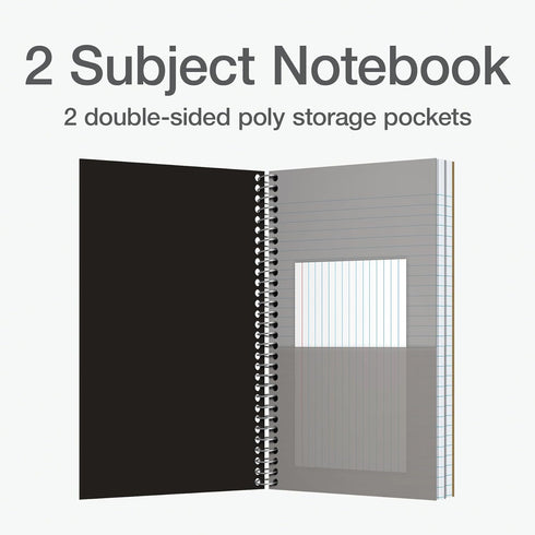 Oxford Poly Spiral Notebook, 2-Subject for School, College Ruled Paper, 100 Sheets, 6 x 9.5 Inches, 2 Double Pocket Dividers, Black Cover (1002544...