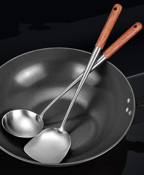 FJNATINH Wok Spatula and Ladle Tool Set, 17inches Spatula for Wok, 304 Stainless Steel Spatula Soup Ladle...