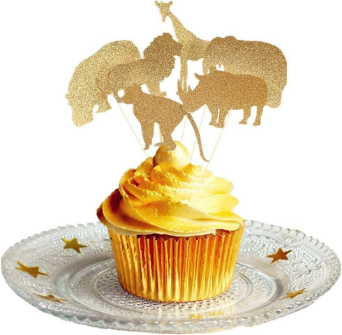 JeVenis 30 Pcs Gold Glitter Jungle Safari Animal Cupcake Toppers Jungle Animals Cake Decorations for Jungle safari Animals Party Baby Showers Birt...