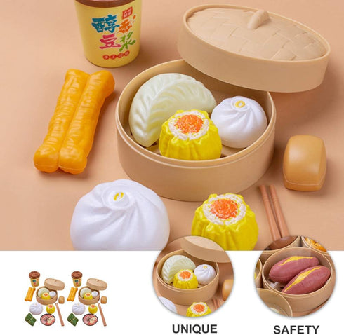 2 Sets Kids Pretend Play Toy Kitchen Cooking Toy Steamed Toy Food Chinese Breakfast Food Play Set Dollhouse Furniture (26Pcs)...