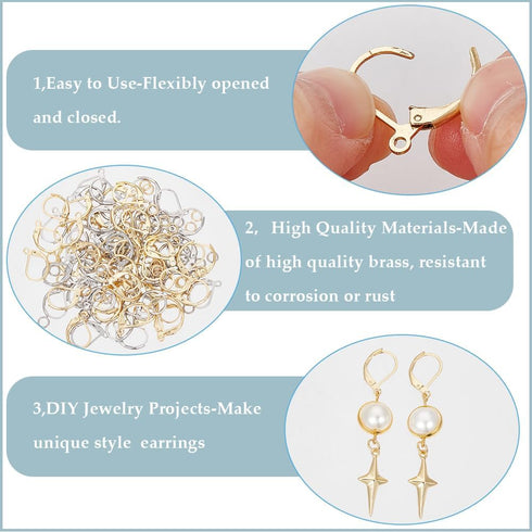 1 Box 80Pcs Gold Leverback Earring Hooks Stainless Steel Earring Findings Bulk Silver with 100Pcs Jump Rings French Real 24K Gold Plated Huggie Ea...