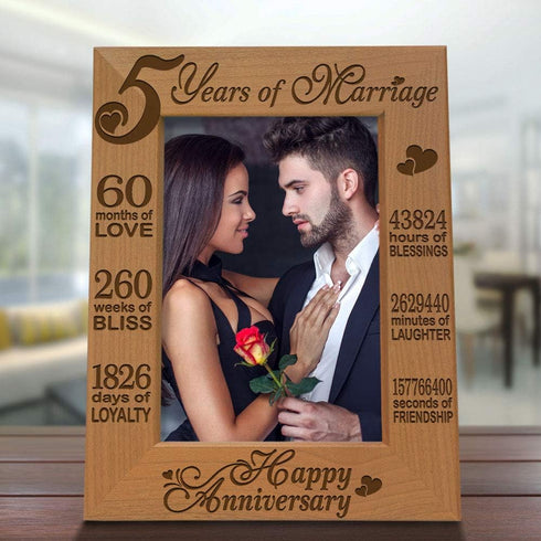 KATE POSH - 5 Years of Marriage Photo Frame - Happy 5th Anniversary Wood - Engraved Natural Solid Wood Picture Frame (5x7-Vertical)...