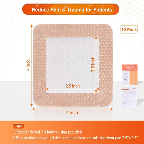 EalionMed Silicone Foam Dressing with Gentle Adhesive Border 4''x4'', 10 Pack, Painless Removal High Absorbency Bed Sore Wound Bandage for Pressur...