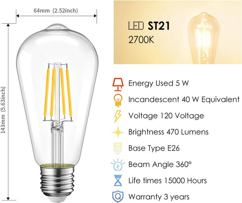 LVWIT ST21 LED Filament Bulb 5W(40 Watt Equivalent) Dimmable 2700K Warm White Vintage Edison Light Bulb E26 Medium Base (6-Pack) (5W-Warm White)...