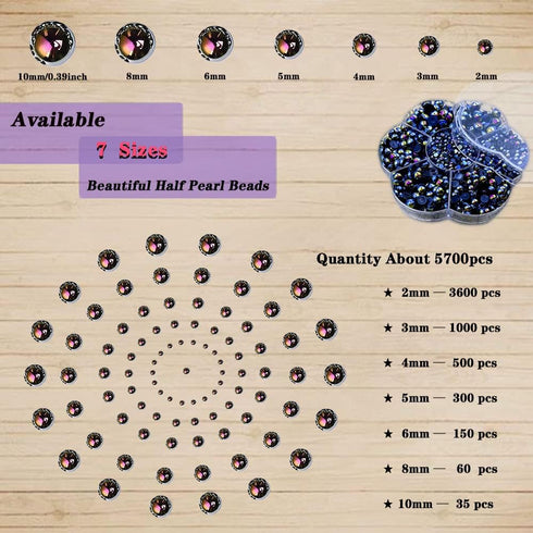 5700 Pcs AB Half Pearls for Crafts,Nail Art & Makeup - Flatback Pearls, Black (2/3/4/5/6/8/10mm)...