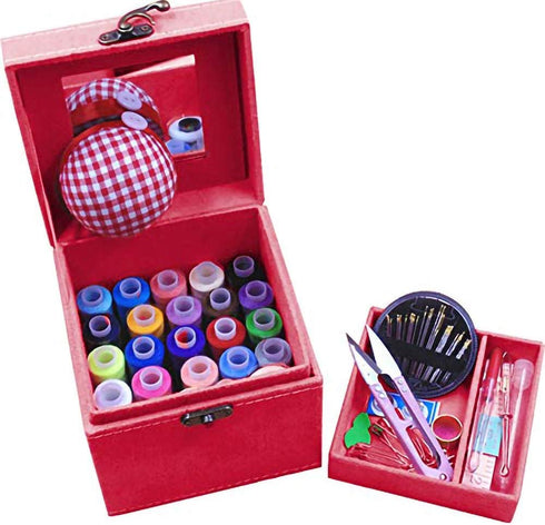 2 Layers Sewing Kits with Vintage Box Sewing Accessories Supplies Kits for Adults Kids Beginner Travel Sewing Basket Metal Handle Red...