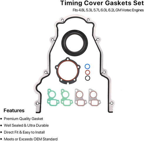 Timing Cover Gasket Set - Compatible with 4.8L 5.3L 5.7L 6.0L 6.2L Chevy Silverado, Suburban, Tahoe, GMC Sierra, Yukon, Savana, Cadillac Escalade ...