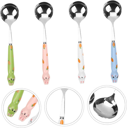 4pcs Bunny Dessert Spoon Stir Bar Espresso Spoons Bunny Ice Cream Spoons Asian Soup Spoons Serving Spoons Stainless Steel Rabbit Design Spoons Chi...