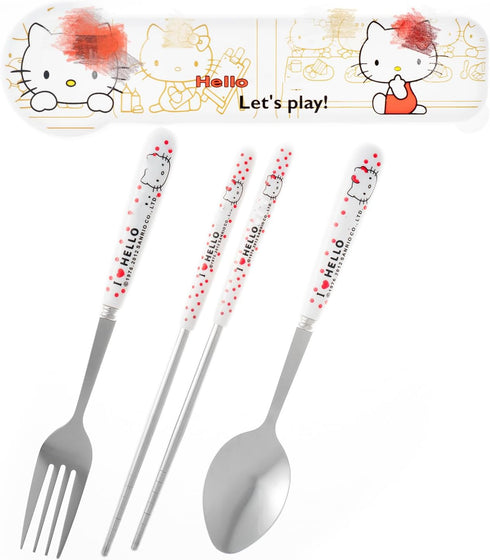 Cartoon Kitty Utensils Set Includes Reusable Stainless Steel Fork Spoon Chopsticks And Cute Cat Carrying Case Durable...
