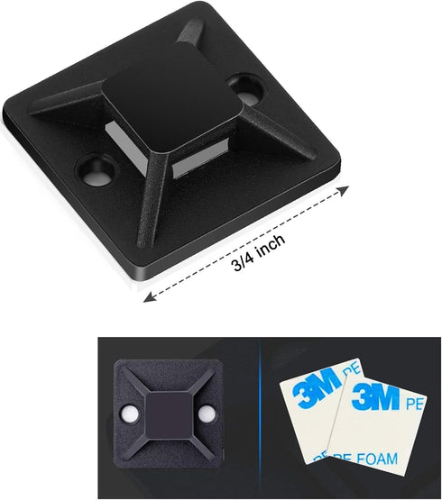 100 PCS 3/4" Black Zip Tie Mounts - Small Self Adhesive Cable Tie Anchors, Wire Management Holders Squares Pad, Perfect for Indoor & Outdoor Cable...