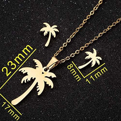 Stainless Steel Hawaii Tropical Plant Pendant Necklace for Women Coconut Palm Tree Stud Earrings Beach Set Jewelry (Gold)...