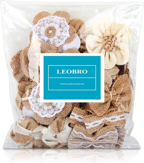 LEOBRO 33PCS Handmade Burlap Flowers Set, 8 Styles Natural Rustic Burlap Flowers & 3 Styles Craft Burlap Lace Pearl Bowknot Great for Wedding Home...