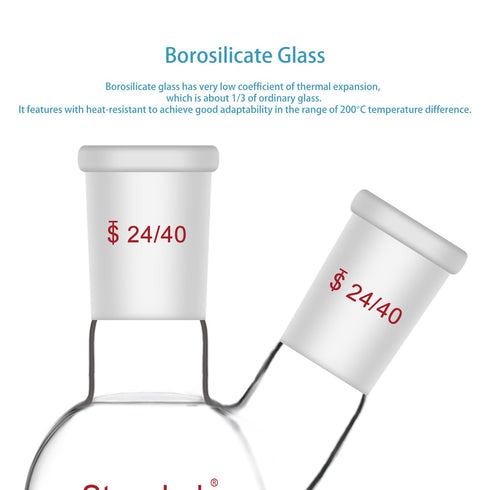 stonylab Flat Bottom Flask FBF, Heavy Wall 2-Neck Lab Flask Borosilicate Glass Flat Bottom Boiling Flask with 24/40 Standard Joint, 50 ml...