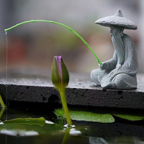 Mini Fisherman Figurine Sandstone Asian Aquarium Decorations Japanese Garden Ornaments, D...