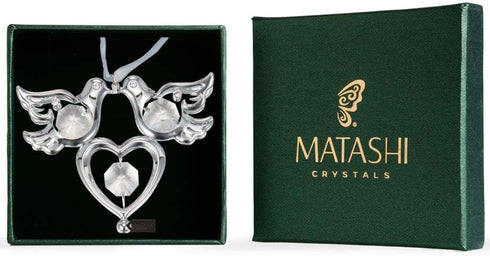 Matashi Chrome Plated Crystal Studded Silver Love Doves Birds Hanging Ornament with Heart, Romantic Gift, Love Symbol for Christmas, Anniversary, ...