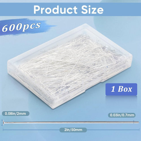 1 Box 600Pcs Straight Pins Bulk Silver Flat Head Pins Brass 50mm Long Brass Flat Headpins Jewelry Findings Pins for Jewelry Making Accessories Sup...