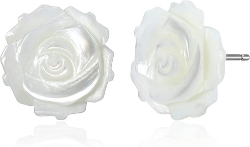 MORGAN & PAIGE Carved Mother of Pearl Rose Earrings, Handcrafted Rose Stud Earrings, Rhodium Plated Sterling Silver Mother of Pearl Earrings, Jewe...