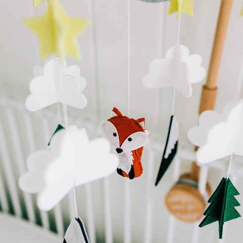 Baby Crib Mobile (Woodland Fox) - Nursery Decoration - Ceiling Mobile and Crib Mobile - Hypoallergenic Eco-Felt, Unfinished Wood, Adjustable, Gree...