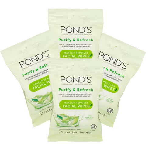 Pond's Purify & Refresh Facial Wipes with Aloe Vera, Makeup Remover, Gently Cleanses and Hydrates, Pre Moistened, 10 Count, 4-Pack (40 Wipes)...