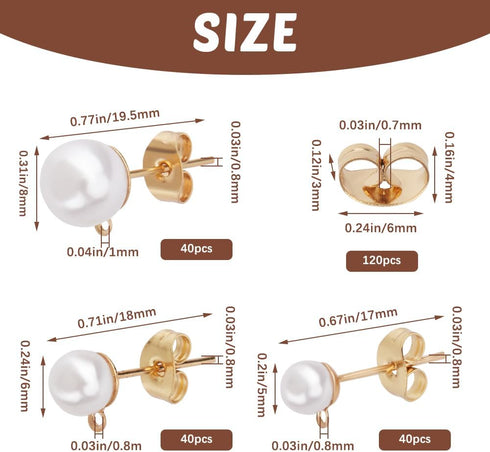 1 Box 120Pcs Hypoallergenic Pearl Earring Posts Pearl Earring Stud Findings with Loop and Imitation Pearl Beads Gold Stainless Steel Earring Studs...