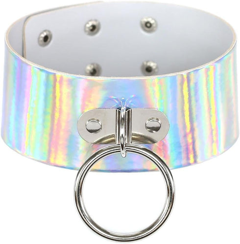 Multicolor Holographic Hologram PU Large O Shape Ring Neckband Choker Necklace Set, 4PCs PN1560...