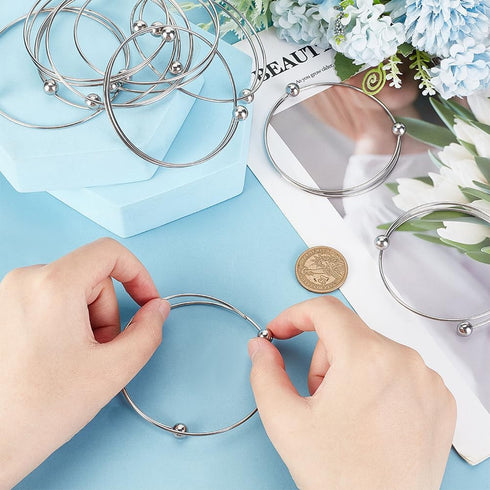 PH PandaHall 10pcs Stainless Steel Wire Bracelet Adjustable Bangle Bracelet Blank Cuff Bracelet with Removable Ball Bead Expandable Blank Bangle B...