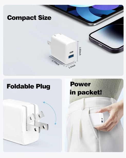 20W Dual Port Fast Charger for iPad 9th 8th 7th Generation 10.2 inch, iPad Air 3/2, iPad Mini 5, Foldable Wall Charger with 6.6ft USB-C to Lightni...