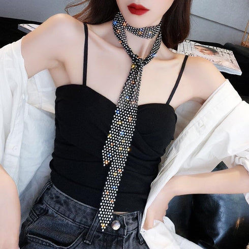 Pingyongchang Sparkly Rhinestone Necklace Tie Gothic Crystal Choker Crystal Tennis Chain Wedding Bridal Bridesmaid Jewelry for Women...