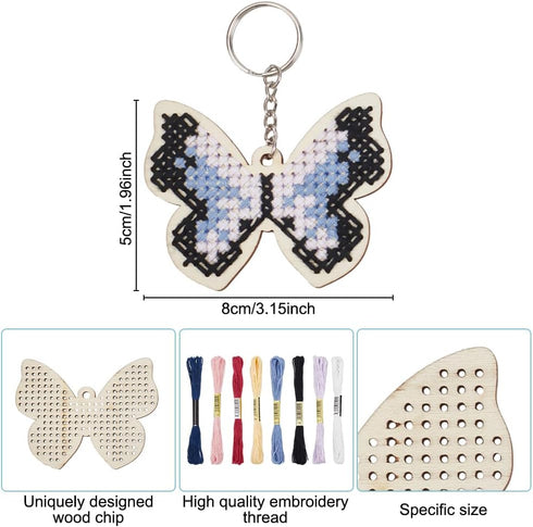 FREEBLOSS 16 Set Wooden Cross Stitch Kits DIY Keychain Wooden Embroidery Set Butterfly Wooden Threading Kit with Instruction Sewing Kits for Ages ...