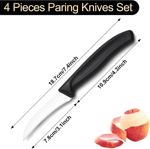 BEWOS Paring Knife, Curved Blade Paring Knife Set of 4, Ergonomic Handle, Ultra Sharp Kitchen Knife, Classic Black PP Plastic Handle, Fruit Knife ...