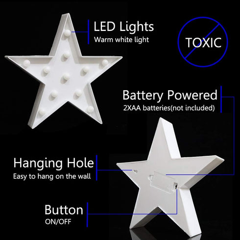 LED Marquee Star Sign Night Light, Battery Operated Star Shaped Desk Table Lamp for Kids, Baby, Child, Girl Gift, Nursery Room, Wall Decor (White)...